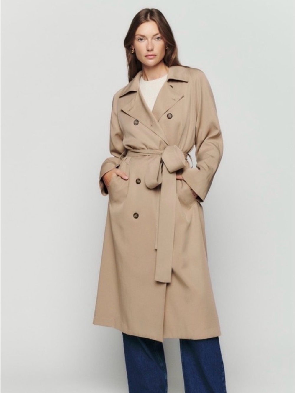 Reformation Kensington Women’s Double-Breasted Trench Coat in Beige